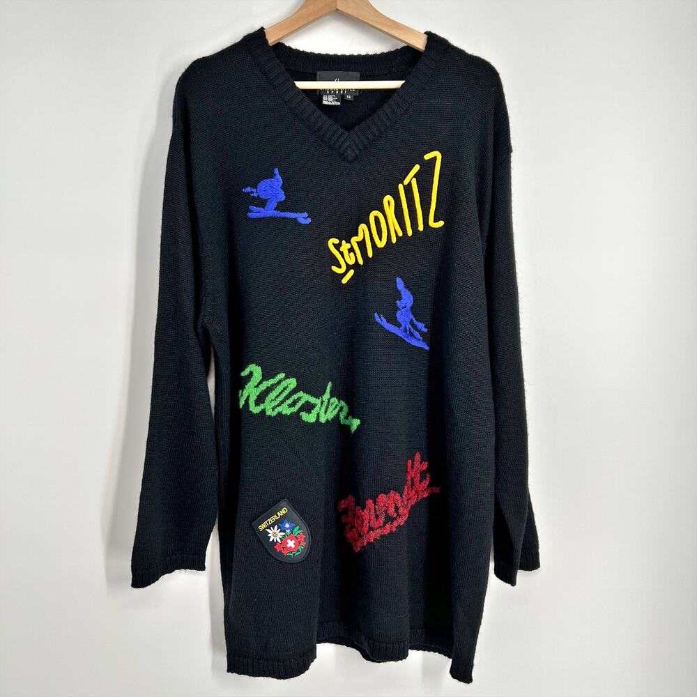 Vintage 90s Carole Little Sport Ski Sweater Women XL Black Wool Blend St Moritz